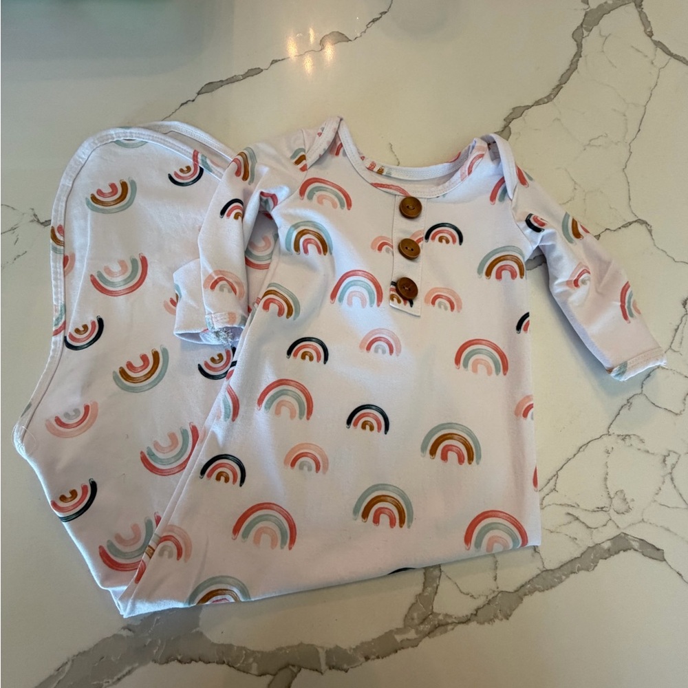 Caden Lane White Pajama Set with Pastel Rainbow Print